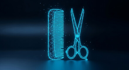 A digital illustration of a glowing blue comb and scissors on a dark background
