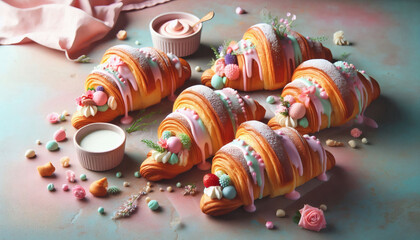 Mehrere goldbraune Croissants sind mit pastellfarbenem Zuckerguss, kleinen S&uuml;&szlig;igkeiten, essbaren Blumen und Beeren verziert.
