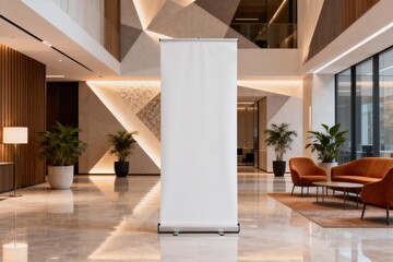 Modern lobby interior with banner display