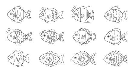 Obraz premium Collection of various fish species is shown in simple black and white line art outlines for aquatic and marine life illustrations.