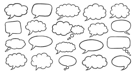 Fototapeta premium Various shapes of speech and thought bubbles with hand drawn outlines are presented for comic, manga, and communication designs.