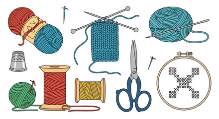Array of knitting and sewing tools like yarn, needles, scissors, and embroidery hoops are shown for handicraft and hobby themes.