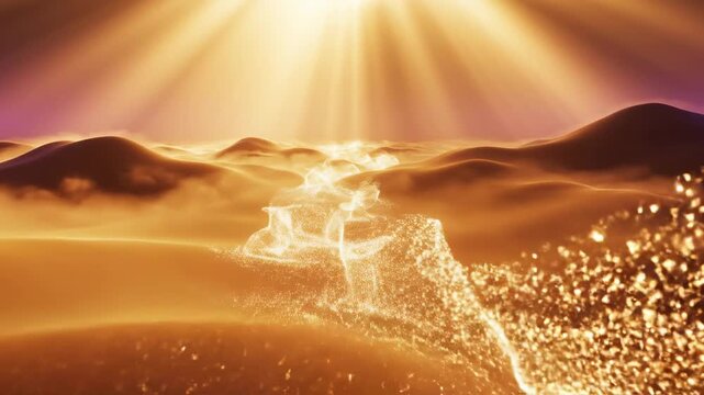 Abstract conceptual volumetric light particles flowing smoothly through a hazy field contour landscape simulation during a stylized digital golden hour journey background, design, visualization