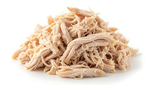 Heap of cooked shredded chicken breast meat isolated on white background for food recipes