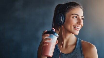 A cheerful fitness girl is smiling widely as she sips on her protein shake. Wearing headphones, she enjoys the upbeat atmosphere in a bright and energetic fitness studio setting