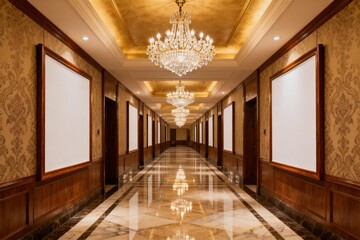 Luxury hotel hallway with chandeliers