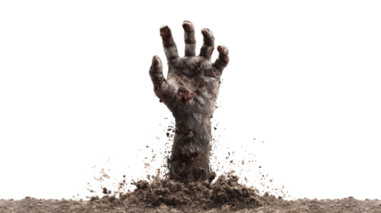Zombie hand emerging from grave soil, rising from dead, reaching up for life, undead horror halloween concept on transparent background