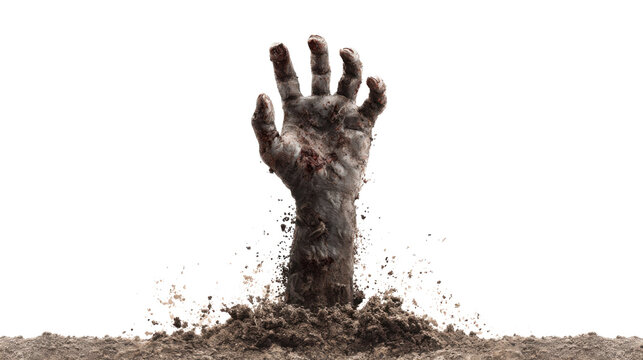 Zombie hand emerging from grave soil, rising from dead, reaching up for life, undead horror halloween concept on transparent background