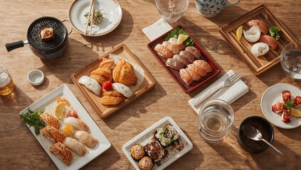 A variety of sushi and other foods on wooden plates on a wooden table