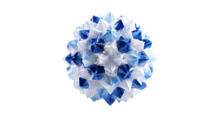 Modular origami sphere made from interconnected blue and white paper tessellations creating a spiky geometric pattern