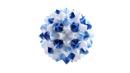 Modular origami sphere made from interconnected blue and white paper tessellations creating a spiky geometric pattern
