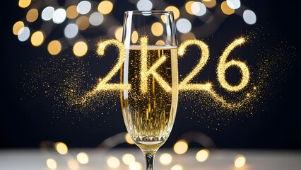A bright New Year celebration party at night features gold bokeh lights and a glass of champagne with festive Christmas decoration for a glowing holiday eve design