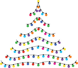 Christmas tree shape made of colorful string lights with glowing bulbs, festive holiday decoration isolated on white background