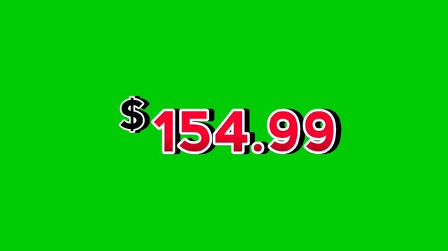 Animation red $154.99 dollars price tag motion graphics with smoke effects on green screen background. Perfect for ads, e-commerce, retail, discounts, and promo videos business concept video element