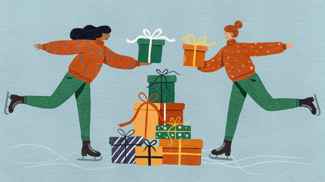 Women on Ice with Christmas Presents. Illustration 