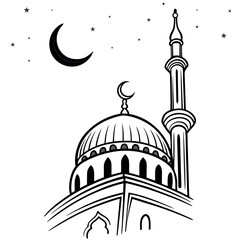 AI Generated Minimalist Islamic mosque silhouette vector with crescent and stars on white background