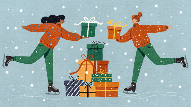 Women on Ice with Christmas Presents. Illustration 