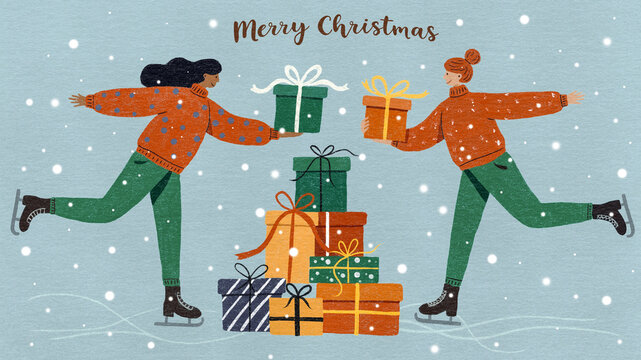 Women on Ice with Christmas Presents. Illustration 