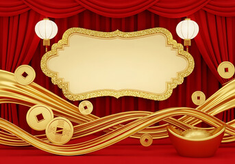 A luxurious gold and red Chinese New Year background with lanterns and coins