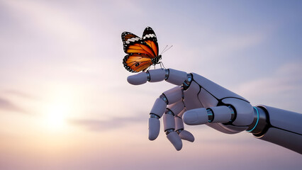A delicate butterfly gracefully rests on a futuristic robotic hand at sunset