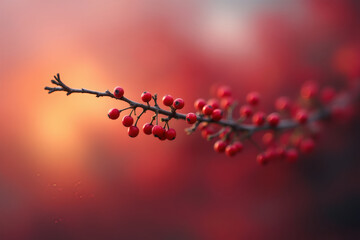Vibrant Red Berries on Branch with Warm Bokeh Background for Festive Holiday Season and Autumn Marketing.