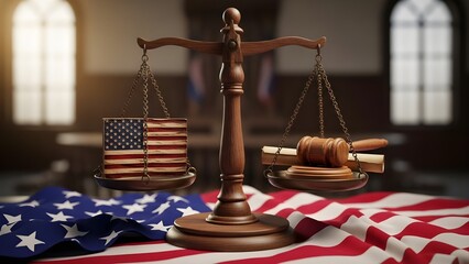 American justice system symbolism with scales and gavel
