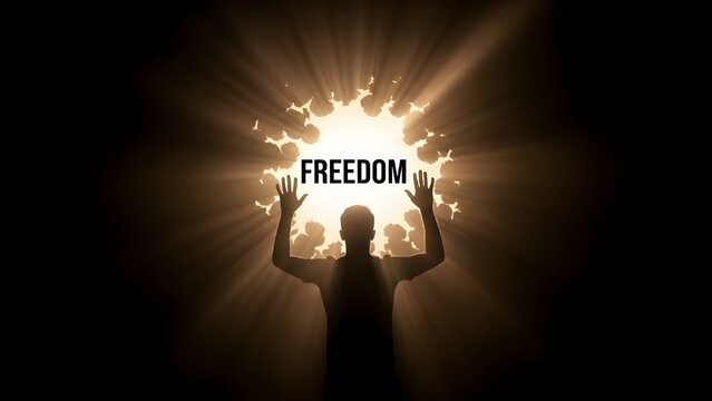 Silhouette of a person reaching for freedom with radiant light