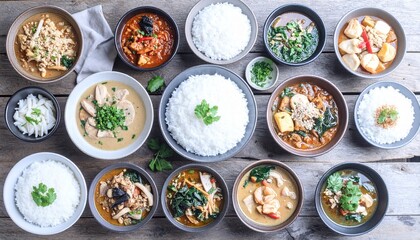 A delightful overhead display of diverse Asian cuisine, presenting a vibrant collection of aromatic curries, savory stir-fries, and steaming rice bowls, showcasing a rich food selection