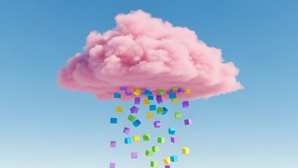 Pink cloud raining colorful data cubes against a clear blue sky, illustrating digital concepts