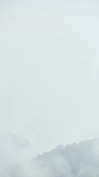 Misty mountain peak with dense tropical forest and moving clouds at Lio Mountain, Brebes, Indonesia.