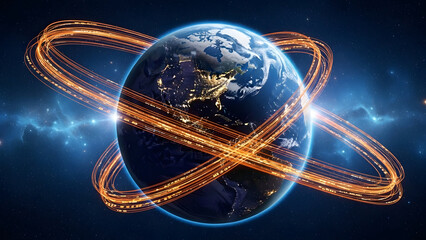 Global digital network and communication technology encircling the illuminated earth