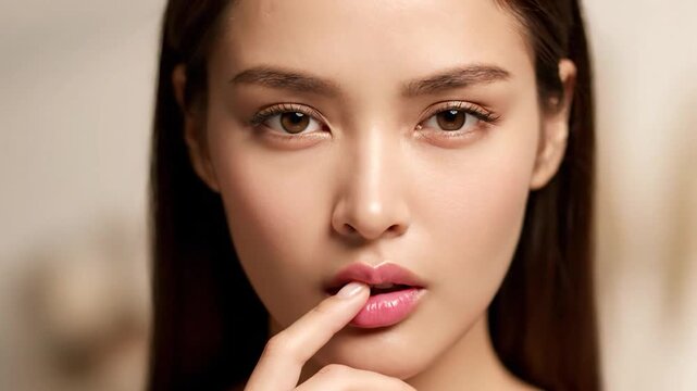 Close-up of a young woman's face, focusing on her lips and eye, with a finger touching her lips