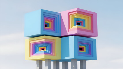 Colorful stacked cubes featuring nested square patterns creating a delightful optical illusion