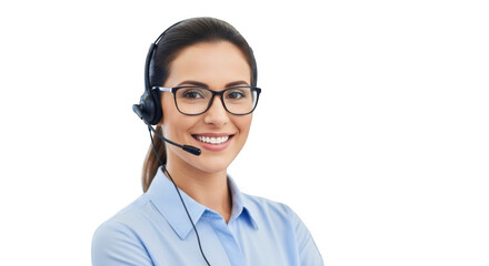 Friendly woman with headset and glasses offers customer support and assistance transparent background black background
