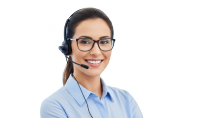 Friendly woman with headset and glasses offers customer support and assistance transparent background black background