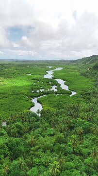 Top notch aerial view Mataob Maasin, green valley and the river, Siargao Islands, Philippines