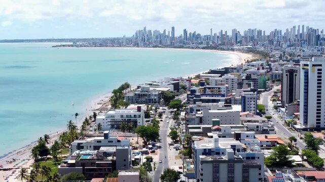 Vertical drone footage of Bessa Beach, Jo&atilde;o Pessoa, Para&iacute;ba.