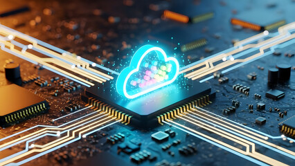 Illuminated cloud computing symbol integrated onto a microchip motherboard demonstrating data connectivity and digital future