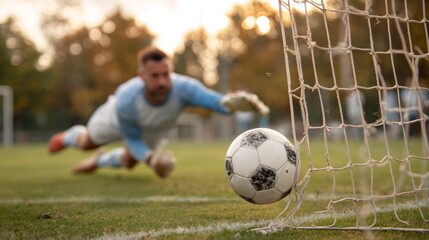 Football penalty kick captured in sharp focus as the ball breaks through the goal net, goalkeeper blurred mid-dive in dynamic lighting