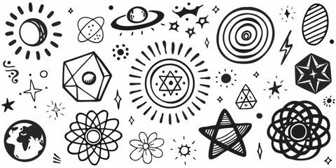 Doodle style illustration featuring space planets stars and geometric shapes © Sujal