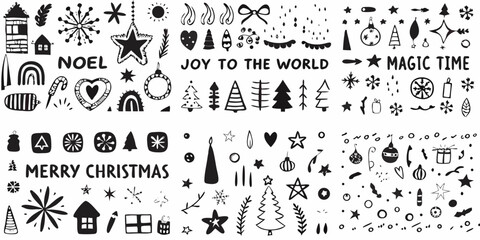 Obraz premium Festive black and white christmas doodles and hand lettered holiday greetings