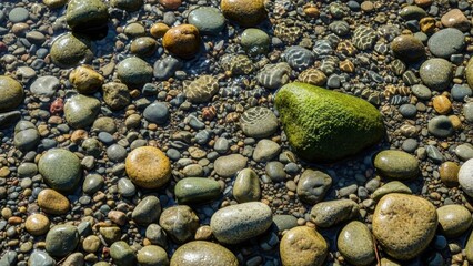 A captivating close-up of a vibrant riverbed filled with smooth, wet pebbles and shimmering water