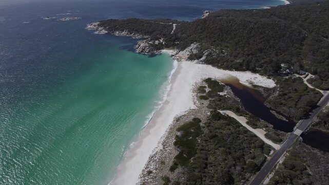 Taylors Beach With Sloop Lagoon In Tasmania, Australia - Drone Shot