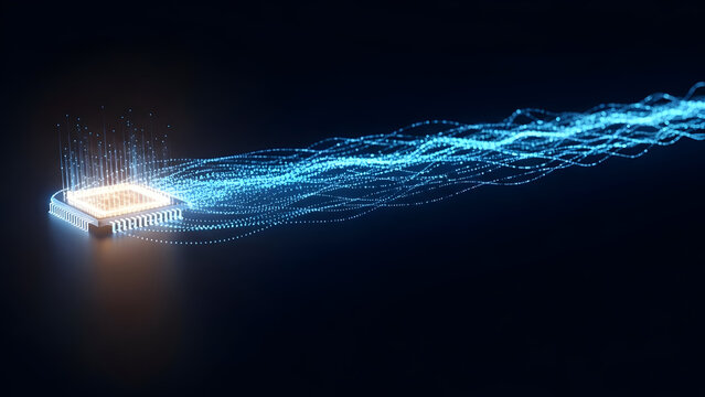 Microchip emitting glowing data stream, representing fast data processing and futuristic technology - Powered by Adobe
