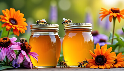Honey Jars with Bees and Flowers in Spring Garden