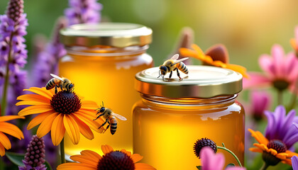 Honey Jars with Bees and Flowers in Spring Garden