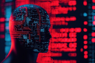 Silhouette of a human head with circuit board patterns, representing AI, machine learning and data processing over a red background