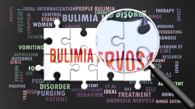 Bulimia Nervosa under magnifying glass, being researched, studied and examined. Most important subjects and ideas closely related to bulimia nervosa written around a puzzle.Can be looped.
