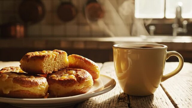 Cozy morning scene with warm coffee in a mug and fresh baked goods on a rustic wooden table