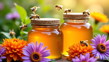 Honey Jars with Bees and Flowers in Spring Garden